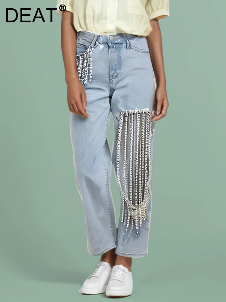 DEAT Vintage Fashion Women's Hole Spliced Pearl Chain Straight Jeans 2024 Summer Trendy High Waist Denim Pants Female 33A1515