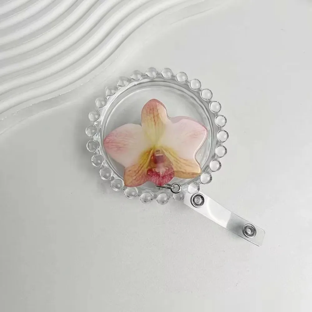 New Acrylic Resin ID Card Badge Holder Clip Orchid Design Retractable Retractable Badge Reel Pull-Off Orchid ID Badge For Women