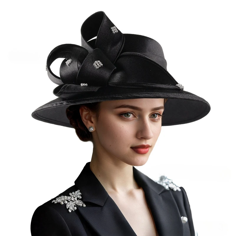 Elegant Cloth Top Hats For Women Cocktail Tea Party Dress Derby Cap Ladies Flower Wide Brim Church Fedora Black Cloche Hats