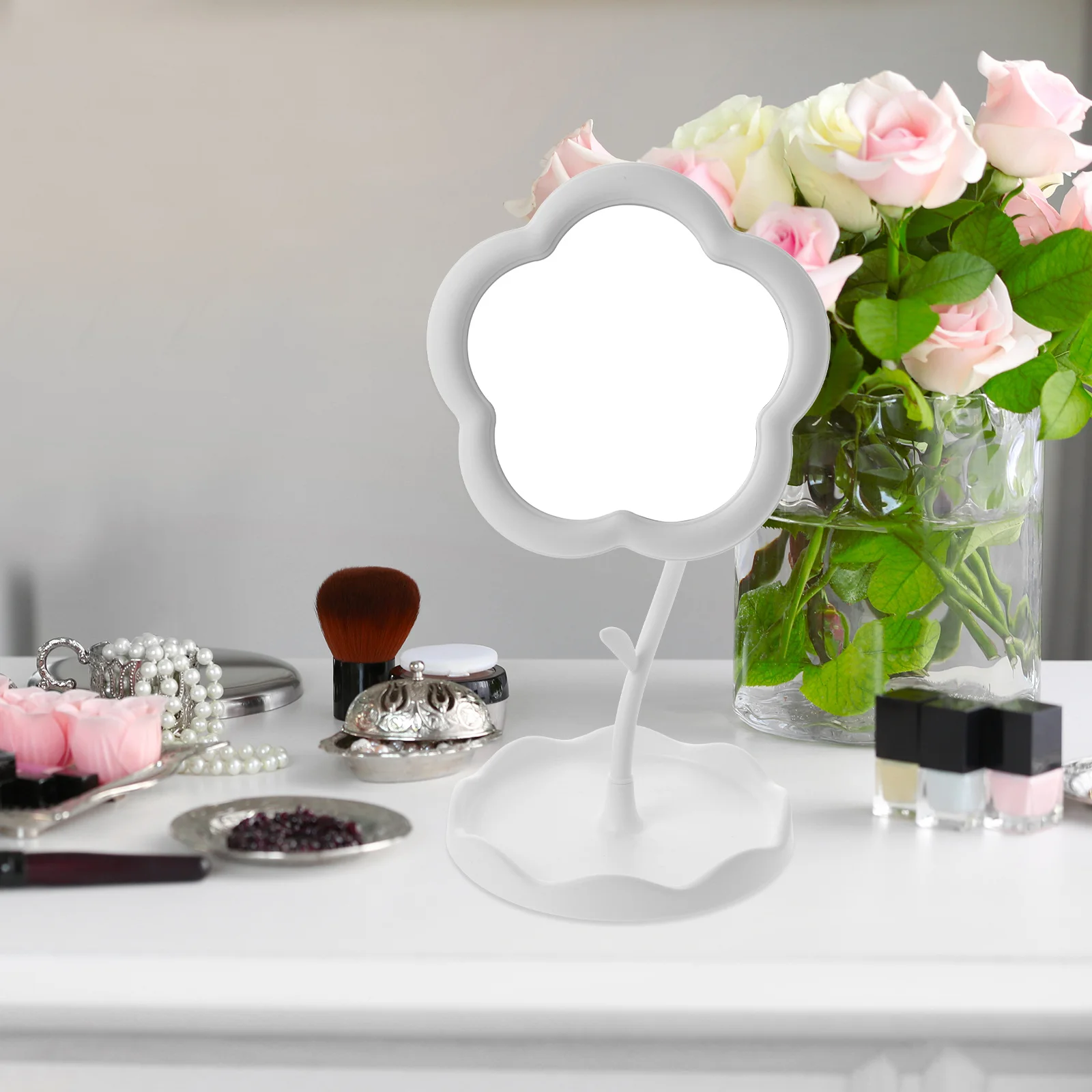 花の形の化粧鏡、卓上化粧鏡、小型テーブルミラー、丈夫なプラスチックガラススタンド、家庭用、日常使用、オフィス用ミラー