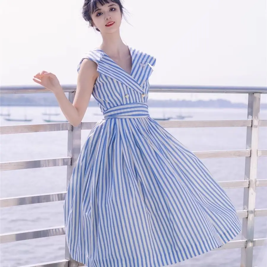 Blue Striped Sea Breeze Nostalgic Dress For Women, Summer Navy Collar, Fashionable Pleated Dress