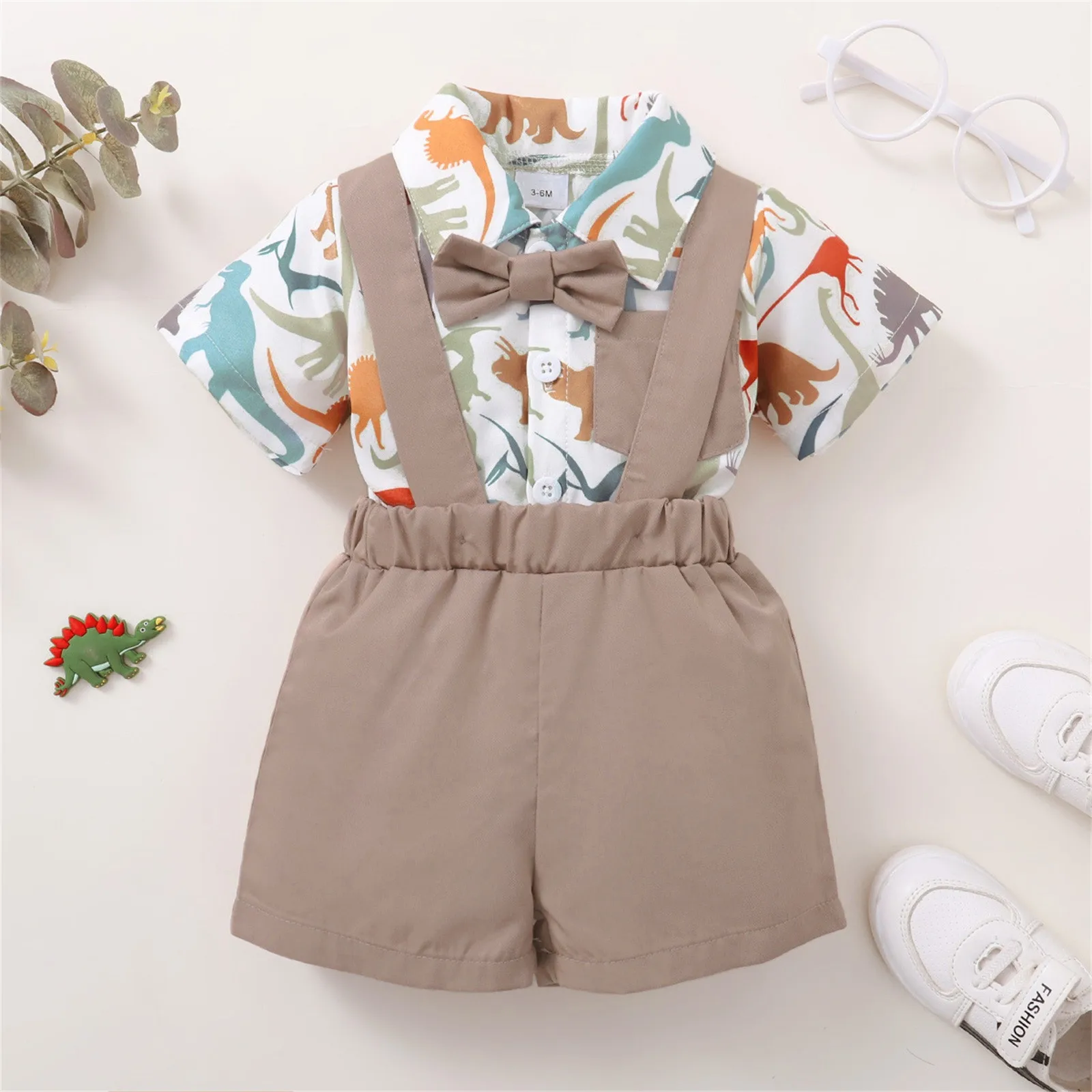 

Infant Newborn Baby Boys Short Sleeve Cute Dinosaur Print Bowknot Shirt Tops Solid Shorts Overalls Suspender Baby Short Sleeve