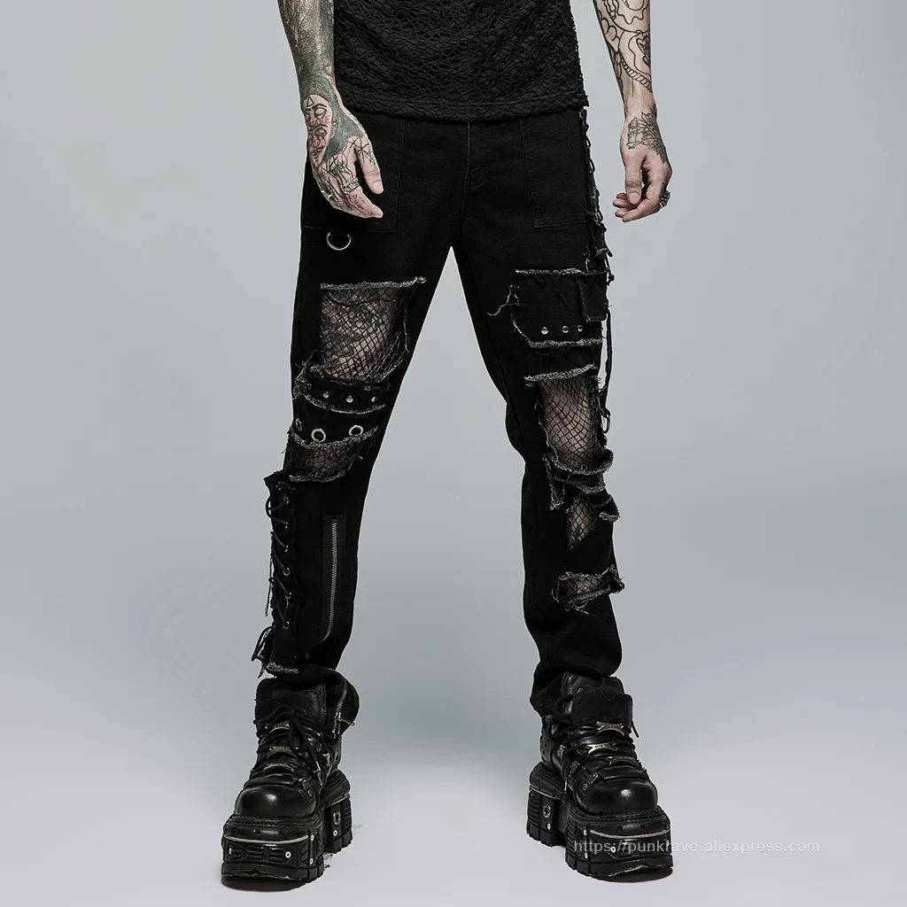 PUNK RAVE Men's Punk Metal Rock Broken Hole Net Black Decadent