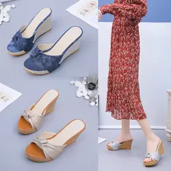 Pantofole basse scarpe Casual femminili piattaforma Butterfly-Knot On A Wedge Slides Peep Toe Luxury 2023 Summer Basic Fabric roma PU Rubb