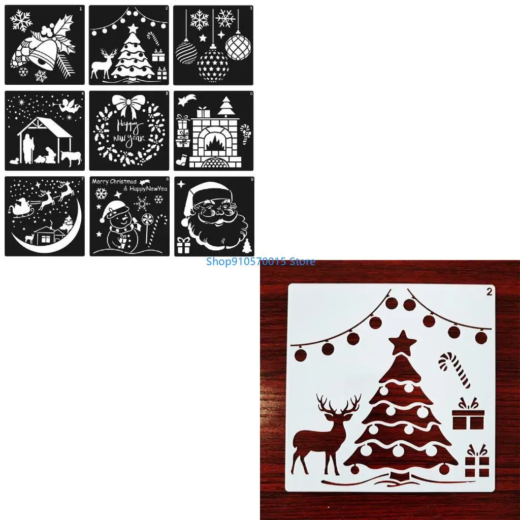 B95C Pack of 12 Large Hollow-out Christmas Painting PET Stencils Set Graffiti Template for DIY Art Handcraft Scrapbooking