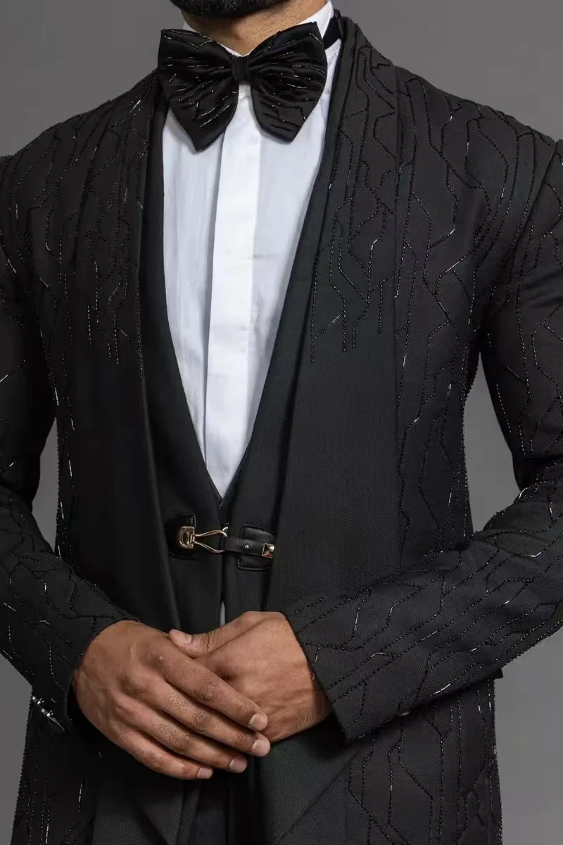 Black Men Suits Set 2 Pieces Blazer+Pants Trousers Luxury Crystals Stone Autumn Wedding Tuxedos Jacket Formal Office Prom Coat