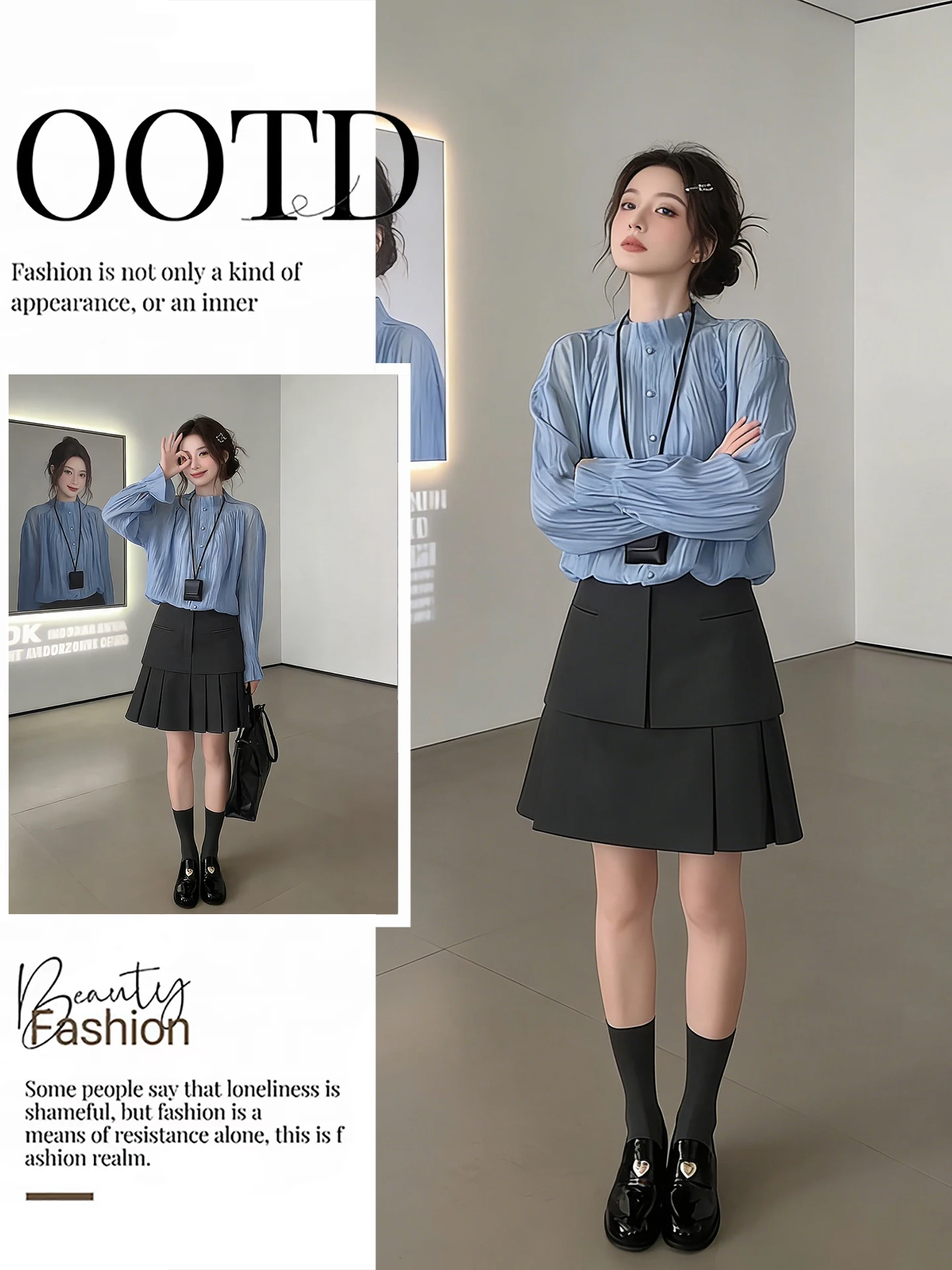 

Korean Sle Spring Faion Set High Waist Slimming Pleated Blouse Stand Collar f Skirt Ensemble Women's Casual Wear
