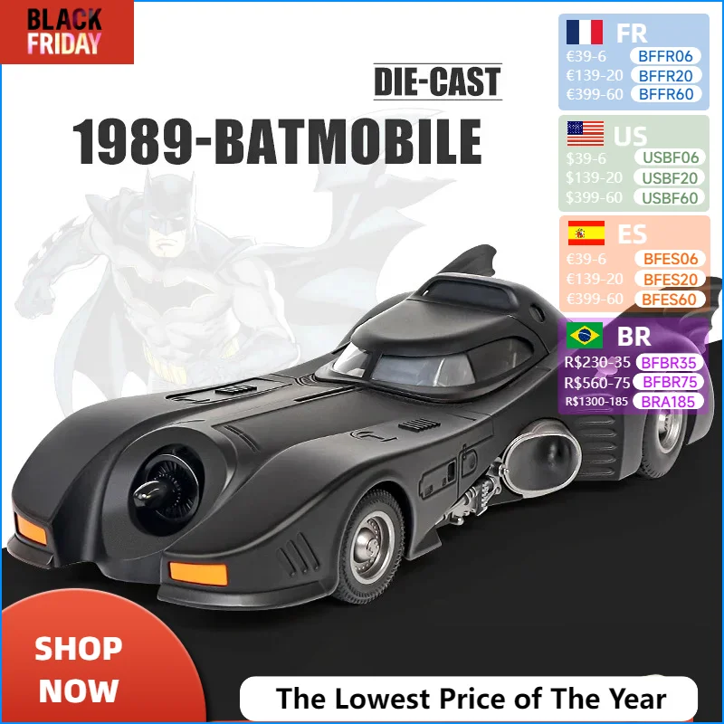 1:18 1989 Batmobil-Druckgussauto mit Batman-Figur, Spielzeug für Kinder und Erwachsene, Schwarz