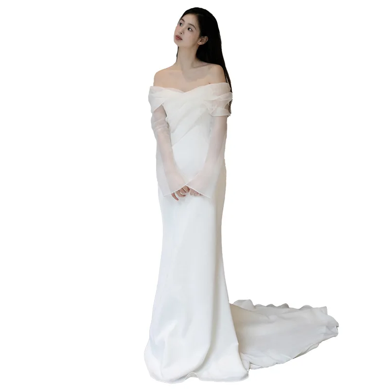 

Light Satin One-oulder Wedding Dr Simple Elely Slim-Fit Travel Photoaphy Bride Outing Veil Forest System Small Dr