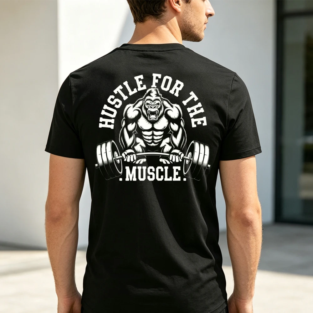 Hustle For The Muscle Summer Men Cotton T-shirt Gorilla Lifting Barbell Retro Gym Graphic Fashion Versatile Trendy Casual Shirt