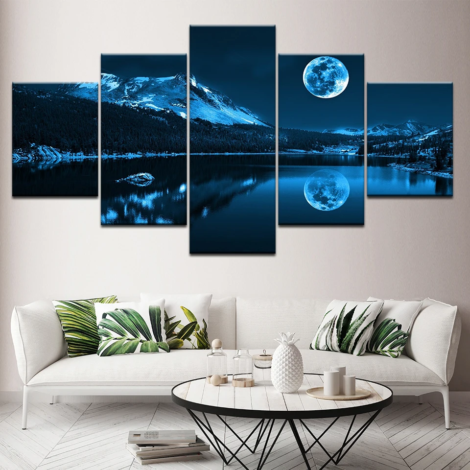 Abstract Blue Moon Night Scene Wall Art Canvas Paintings Picture Print Modern Living Room Artwork Home Decor 5 Panels Mural