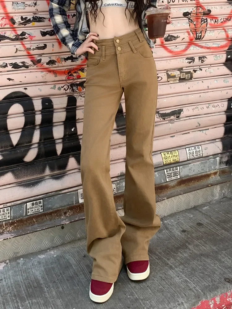 

Khaki High Waist Vintage Stretchable Flare Jeans For Women Autumn Winter Korean Fashion Casual Slim Fit Wash Denim Long Pants