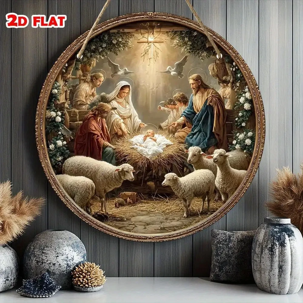 2D 1PCS 20CM Christianity Jesus Birth Wooden Disc Wall Decoration Furniture Hanging Outdoor Decor Photo Props Faith Symbolic Art