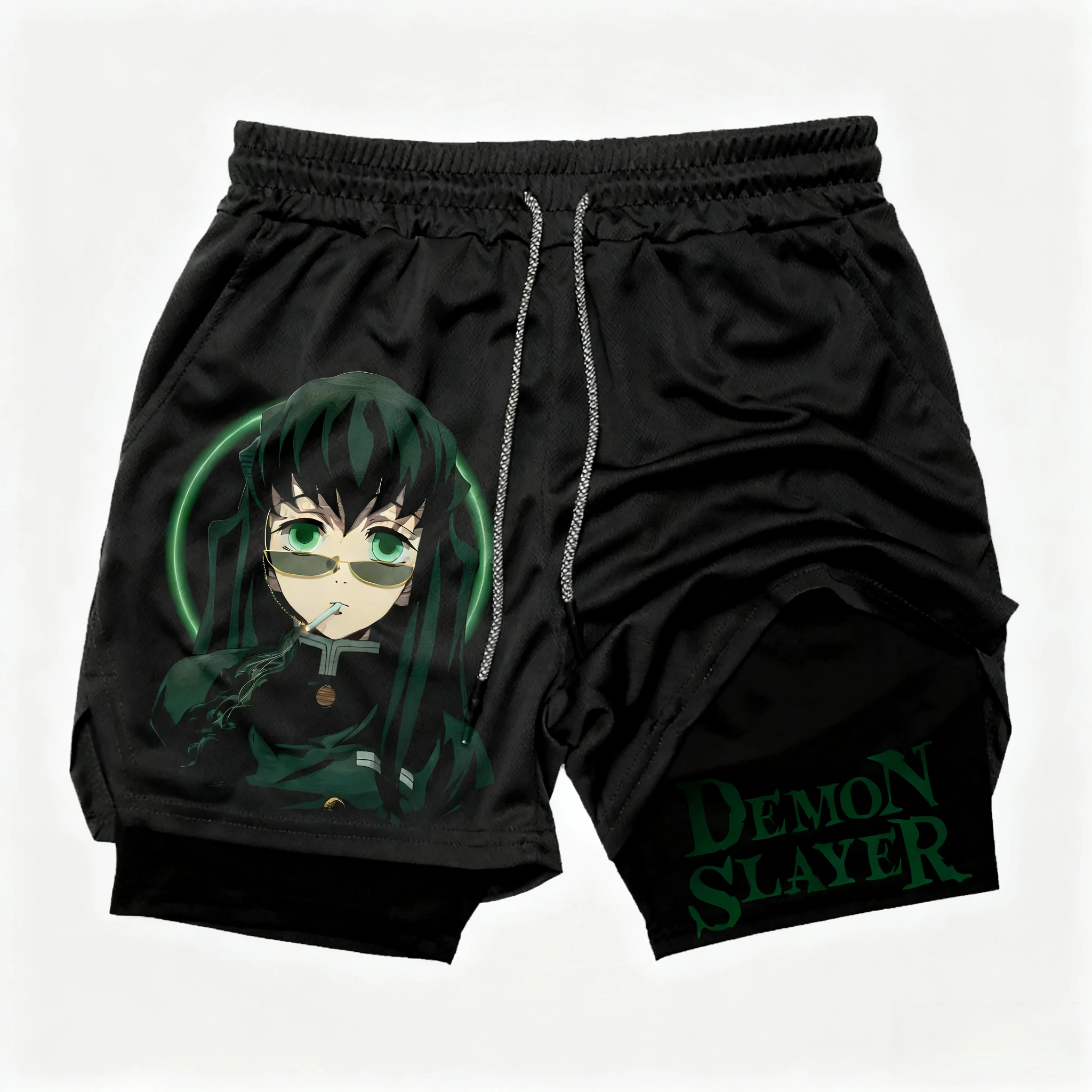 بانداي شيطان القاتل المطبوعة الرجال السراويل مزدوجة الطبقات 2026 الصيف الأمريكية فضفاضة وتنفس ورياضية شورتات الموضة #2