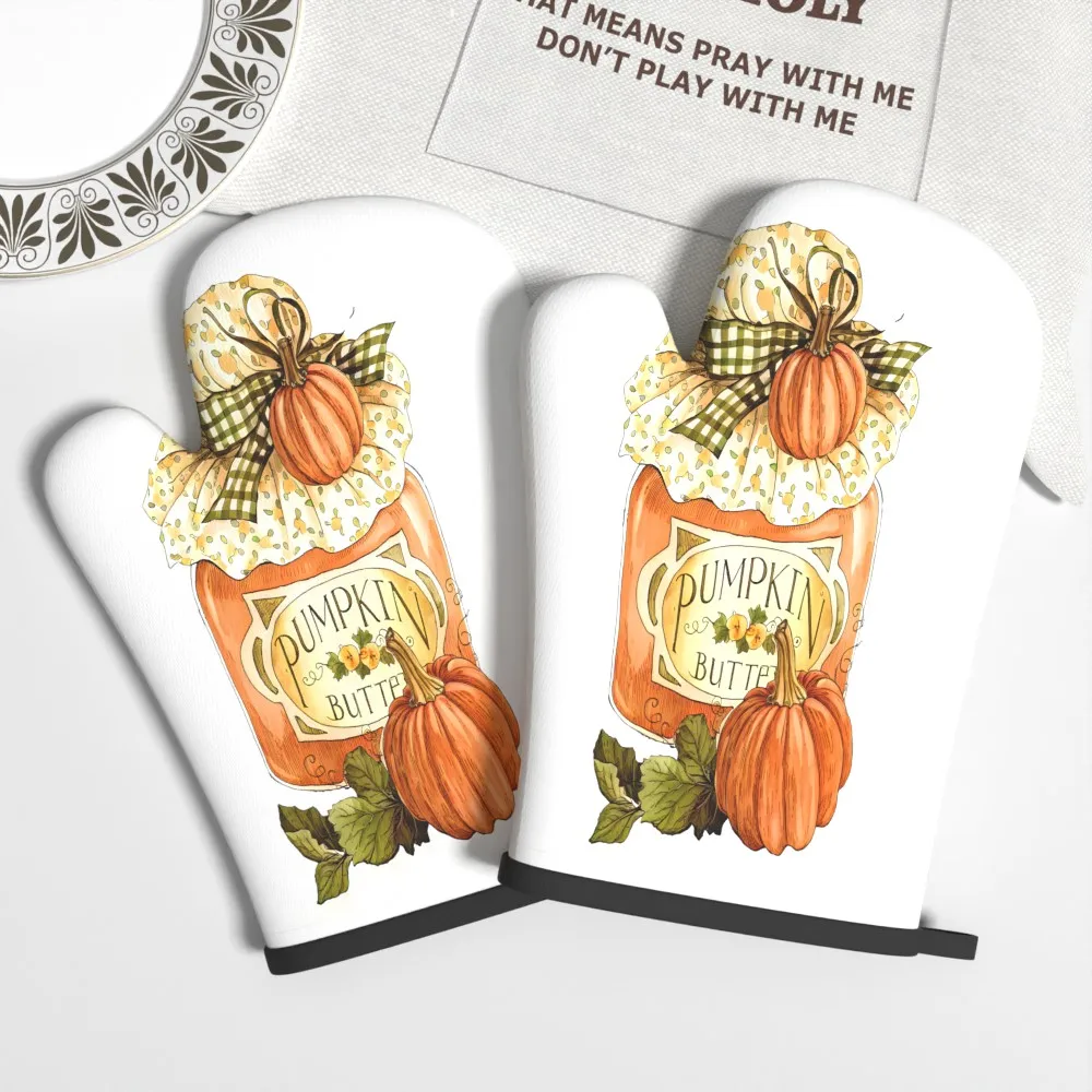 2-Pack 10.6 X 6.7-Inch Thanksgiving Pumpkin Theme Oven Mitts Heat Resistant Non-Slip Suitable for Carnival Kitchen