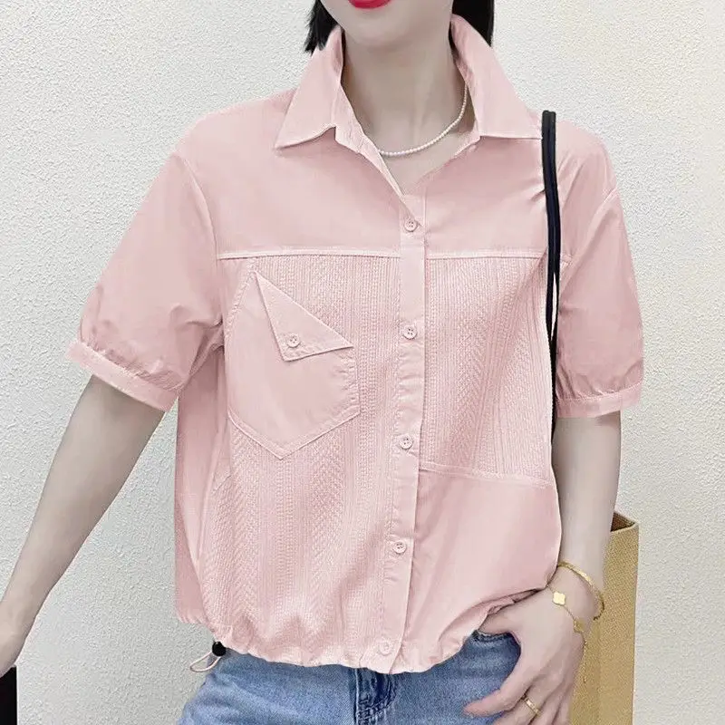 Summer Office Lady Korean Style Loose Casual Women\'s Shirt Open Stitch Solid Color Button Pockets Lapels Short Sleeve Chic Tops