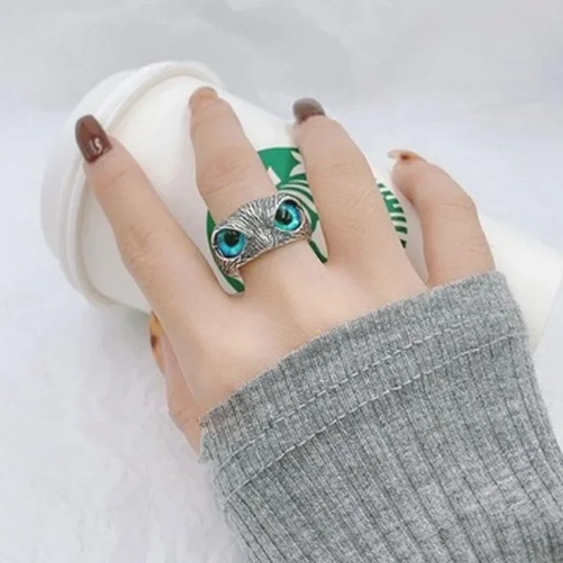 1PC Adjustable Blue Eyes Owl Ring Silver Color for Cute Men and Women Engagement Wedding Rings Jewelry Gifts