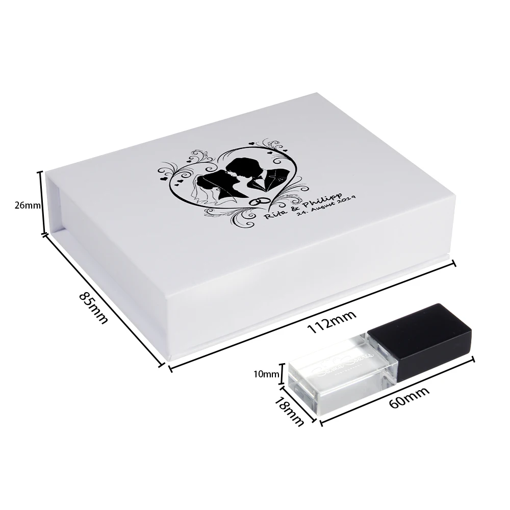 Wedding Photography Gift Box USB 3.0 Flash Drive Free Custom Logo Crystal Pen Drive Color Printing Memory Stick 64GB High Speed