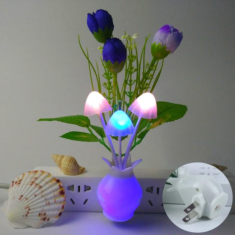 Dark Automatic Bright US Plug LED Novelty Light Mushroom Lilac Flower Light Sensor Night Lamp Home Decoration Romantic Light