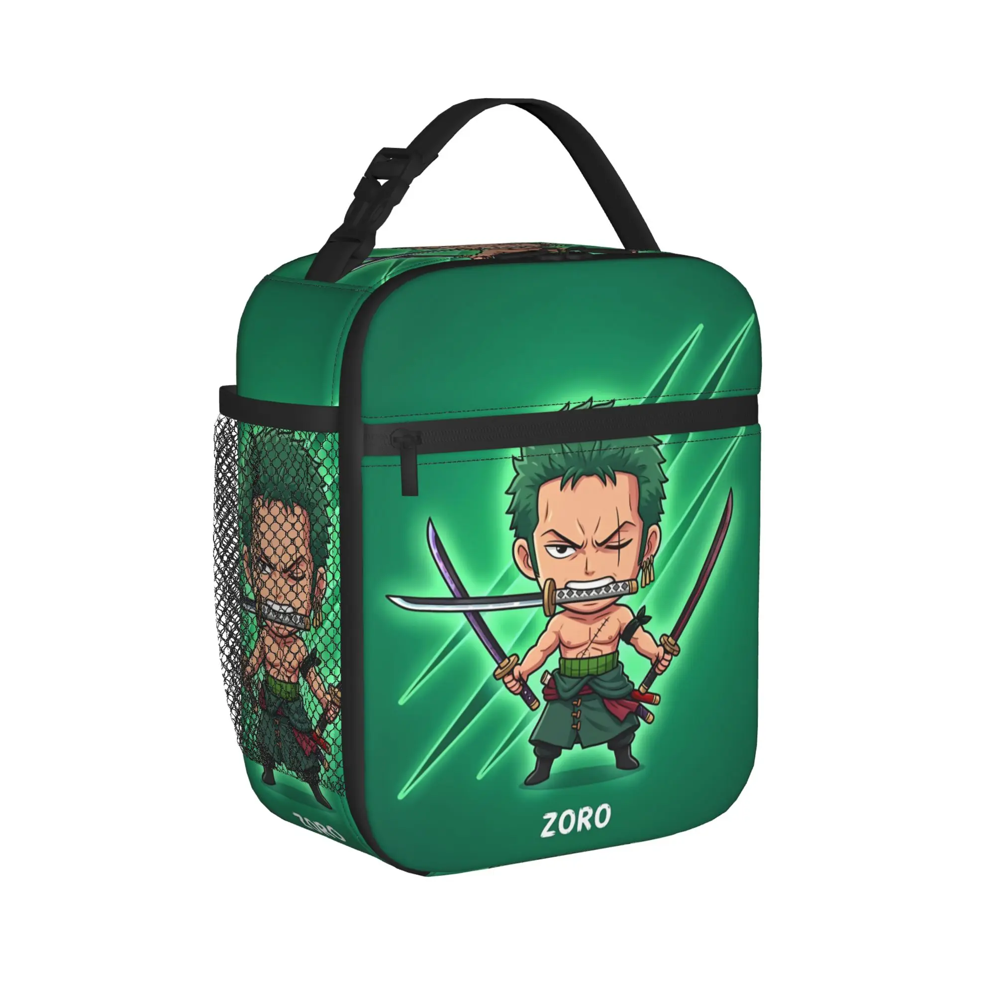 Lunch Bag Green Background Zoro Anime One Piece Travel Lunch Box For Women  Vintage Portable Zipper Custom Thermal Lunch Bags