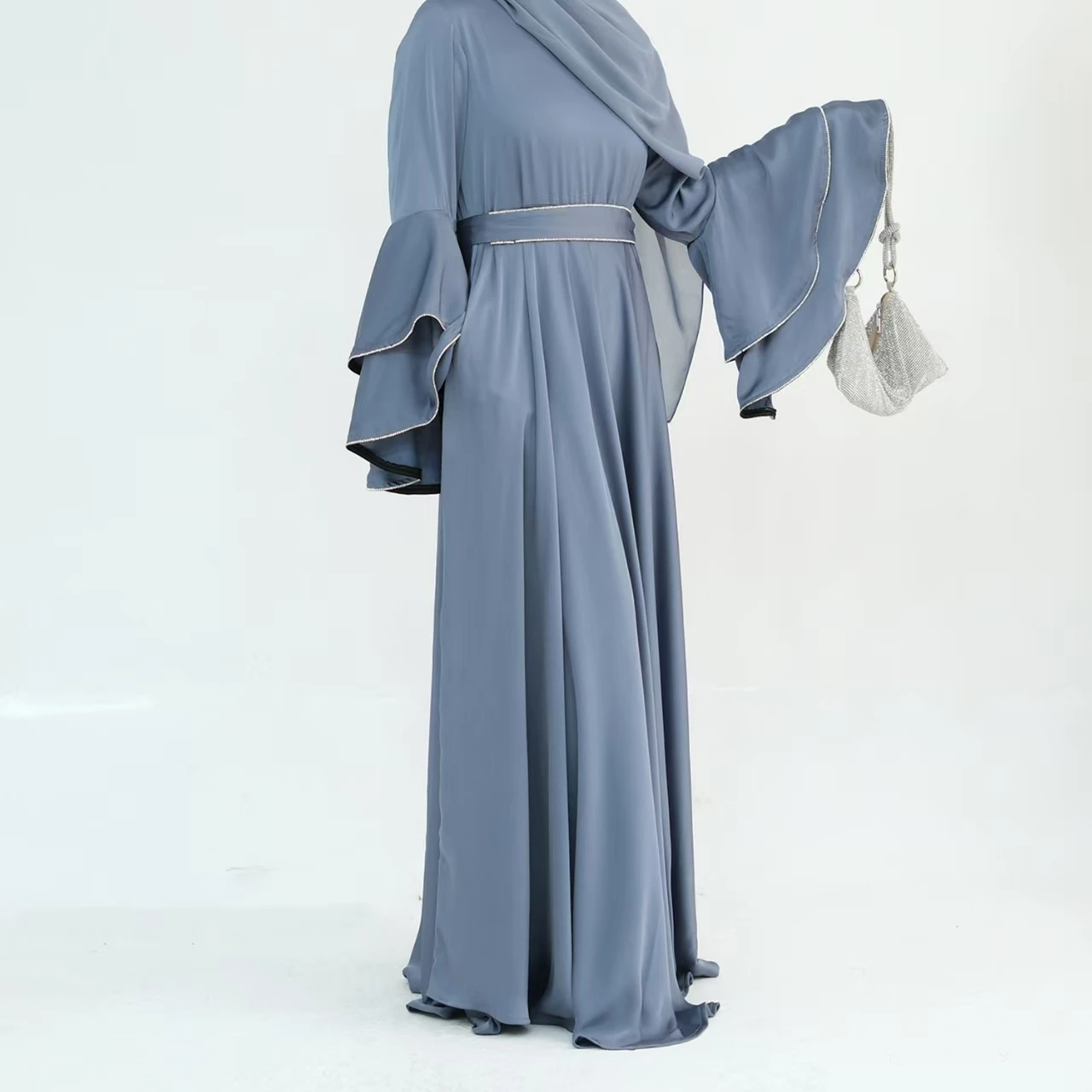  Dupla camada dubai oriente médio frisado queimado sve robe dr saia evasê cintura alta poliéster longo sve dr