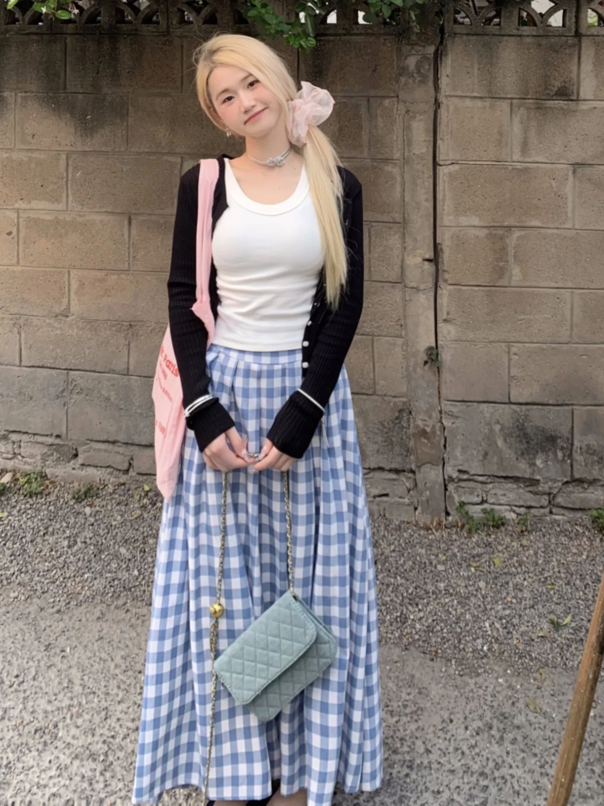 

plus Size Women's Blue Plaid Skirt Summer Slimming Black Cardigan Top Three-Piece Set High Waist A-Line Skirt Korean Style