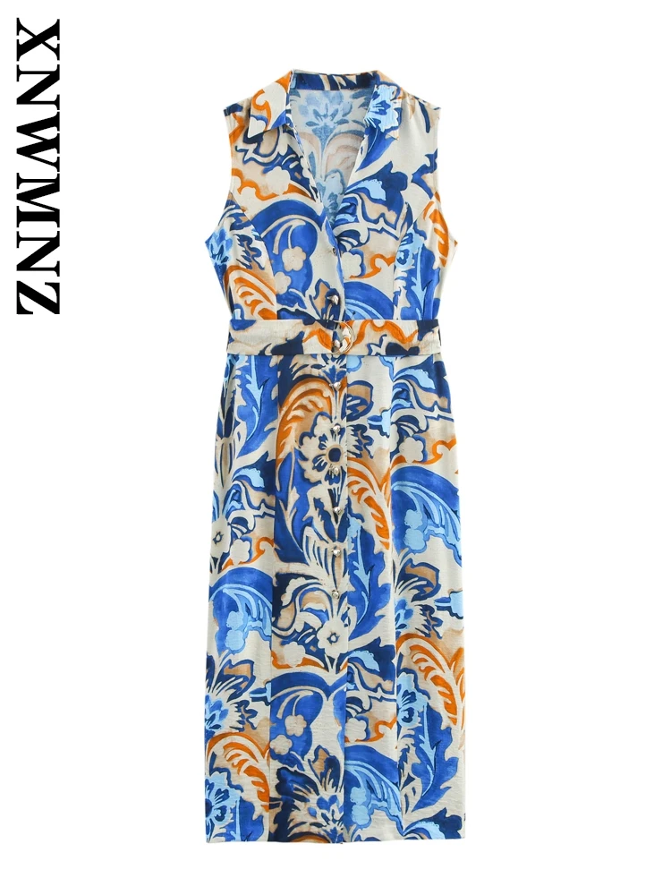 

XNWMNZ 2025 Summer New Woman's Glamorous Sleeveless Dresses Midi Skirt Edgy Female Turn-down Collar Dress Print belt Top Ruffles
