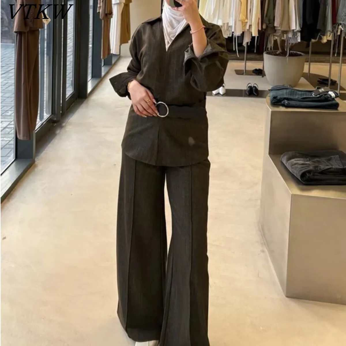 

VTKW Woman's Shirt Collarless Pullover Style Decorative Straps Adjustable Waist Design 2025 Spring Long Pants Set Two Pieces