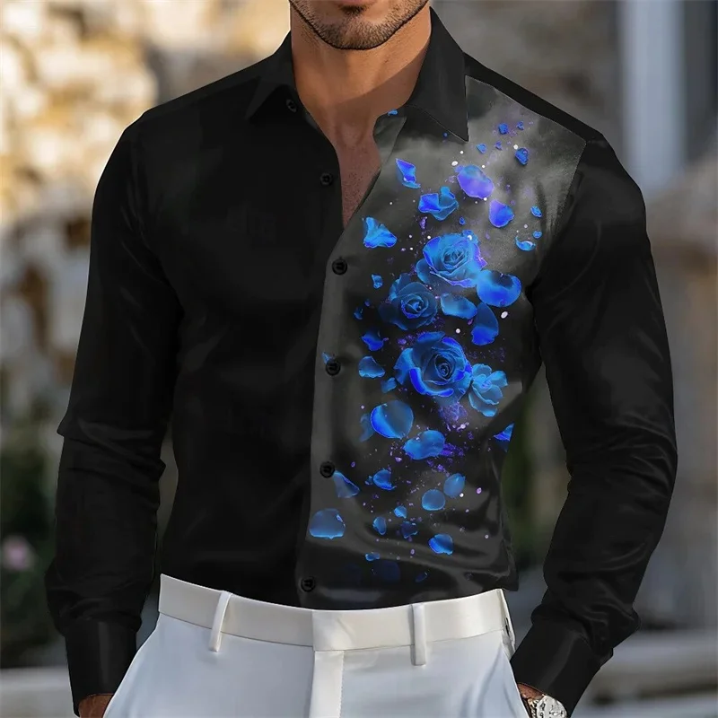 6 Colors Men's Rose Dress Shirt, Fashion Long Sleeve Casual Wedding Shirt, Spring, 3D Printing, Comfortable Fabric, XS-6XL