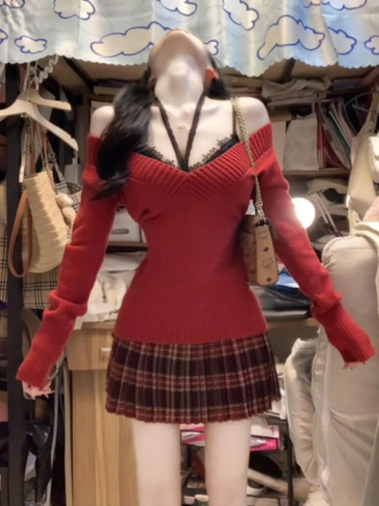 

Корейский красный свитер с V-образным вырезом, женский облегающий вязаный топ с открытыми плечами, модный, зимний, осенний, новинка