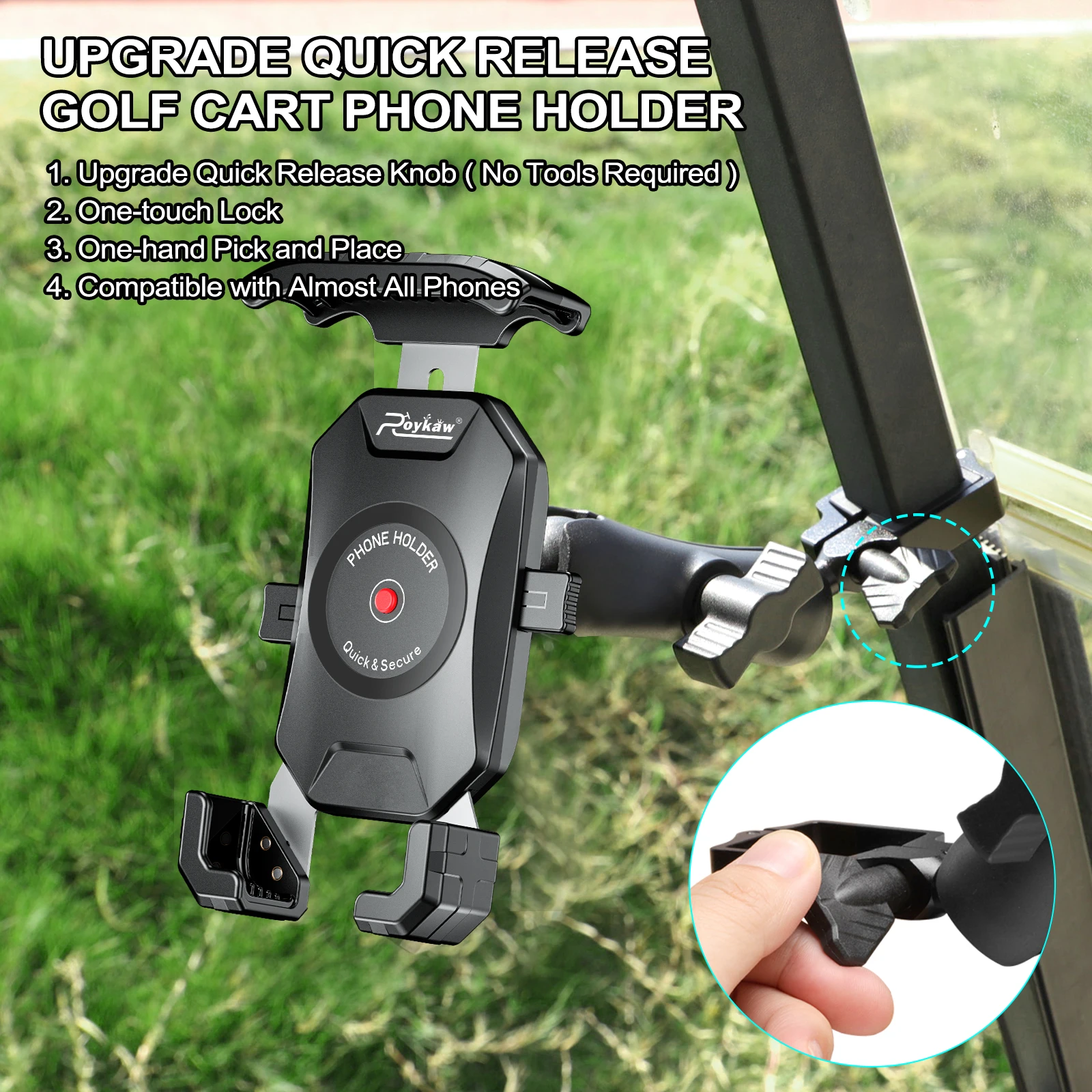 Roykaw Golf Cart Phone Mount Holder Fit for EZGO/Club Car/Yamaha, Quick Release & One-Touch Lock/One-Handed Pick and Place