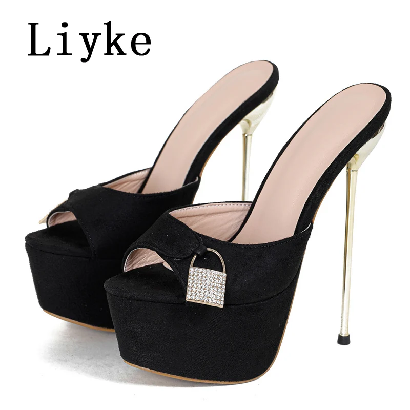 Liyke Summer Fashion Metal Extreme Platform Slippers Women Sexy Peep Toe Stiletto Heels Sandal Ladies Club Stripper Shoes Slider