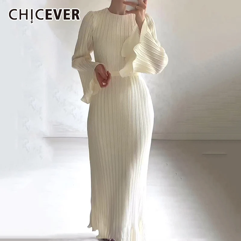 CHICEVER Długie sukienki plisowane dla kobiet O Neck Flare Sleeve High Waist Spliced Lace Up Mid Length Dress Female Autumn New Style