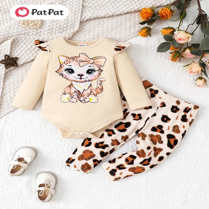 PatPat Childlike 2pcs Leopard Grain Baby Girl Set with Flutter Sleeve - Regular