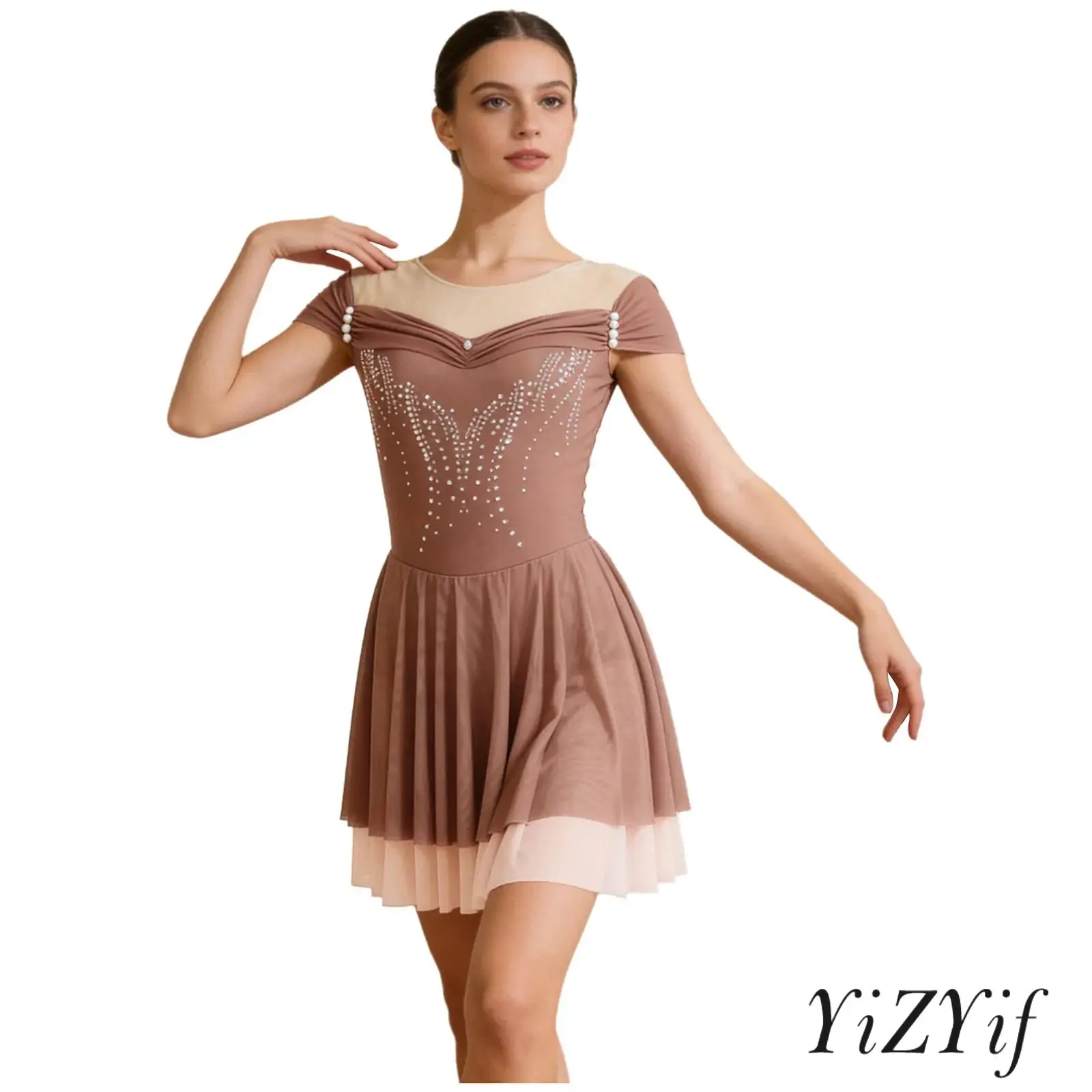 

Женское платье-боди для фигурного катания с рукавами-крылышками, украшенное стразами, с многоярусным сетчатым подолом, костюм для балета, гимнастики и танцев