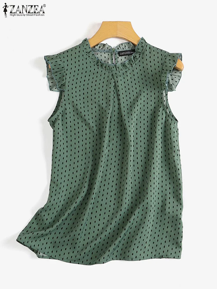 Summer Sleeveless Ruffle Tank Tops Elegant Casual OL Work Shirt Female Fashion Party Blusas Mujer ZANZEA Women Polka Dot Blouse