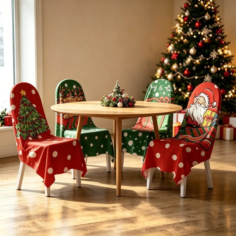 4 pcs Snowman Christmas Chair Cover Dwarf Dustproof Chair Protective Sleeves 2D Print Santa Chair Dust Cover