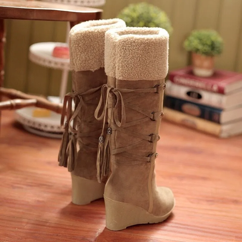 Winter Women's Shoes Plush Womens Mid Calf Boots  Keep Warm Fashion Wedge Heels Suede Women Boots Plus Size Zapatos De Mujer