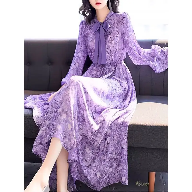 

2026 new temperament celebrity high-end foreign style age-reducing bow floral chiffon long-sleeved temperament dress