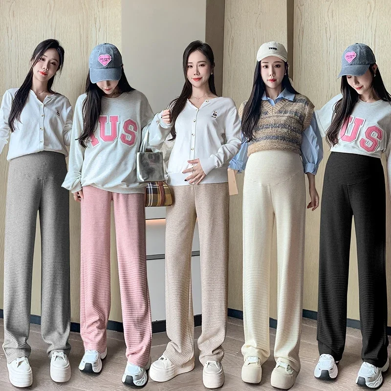 Casual Youth Pregnancy Wear Striped Maternity Straight Long Pants 2024 Spring Fashion Elastic Waist Clothes for Pregnant Women