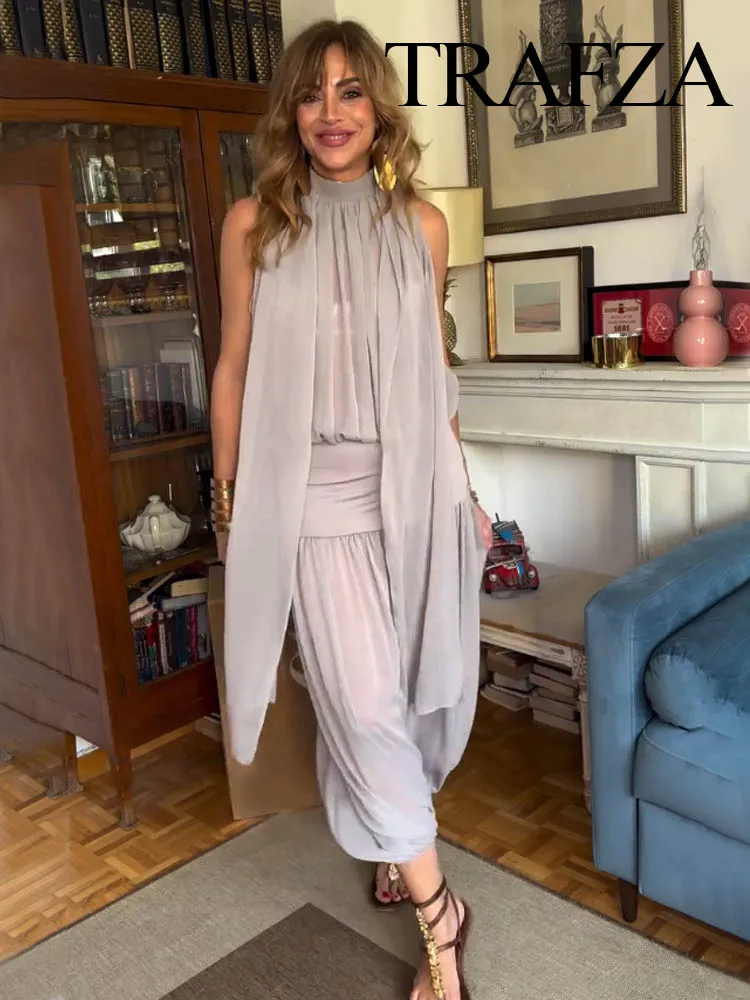 

TRAFZA Women Summer Skirt Suit Fashion Sexy Bow Decorated Tulle Zipper Sleeveless Jumpsuit+Chic Elegant Balloon Style Midi Skirt