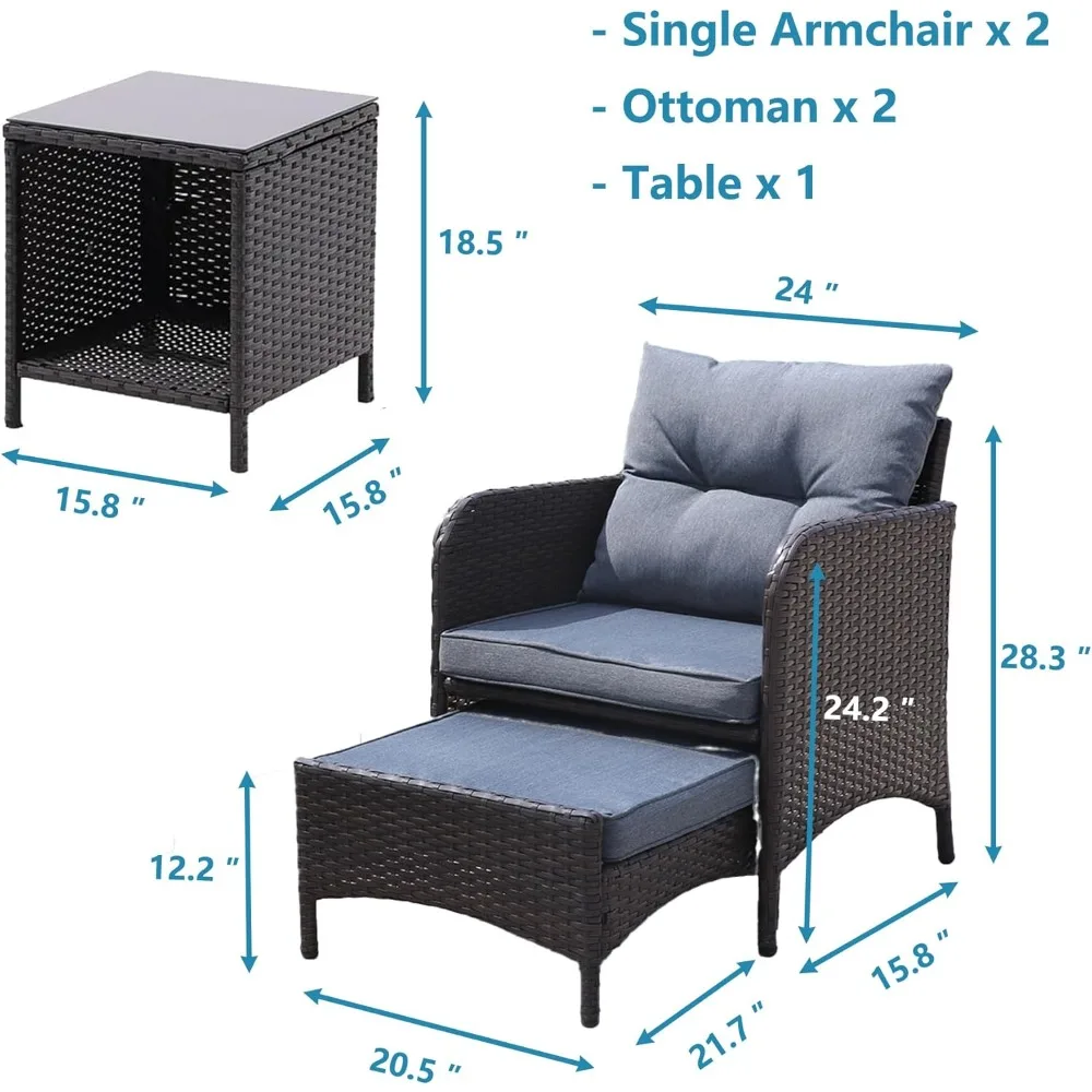 5 Piece Grey Patio Conversation Set, Patio Lounge Chairs Set of 2, Rattan Chairs with Cushions and Ottoman, Patio Furniture