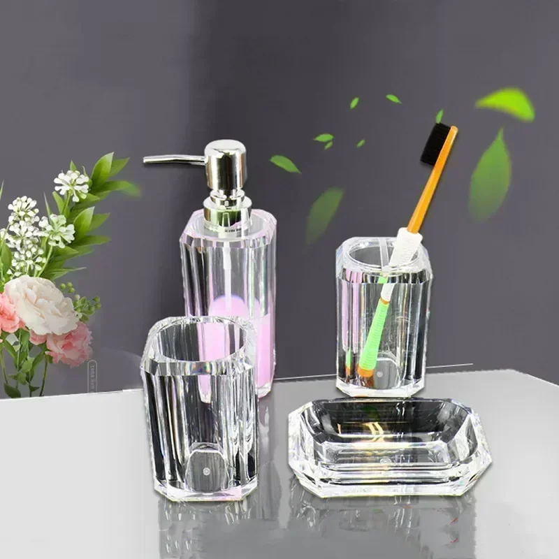 Clear Acrylic Bathroom Set Mouthwash Dispenser Liquid Soap Dispensers Toothbrush Holder for Bathroom Accessories Container Dish