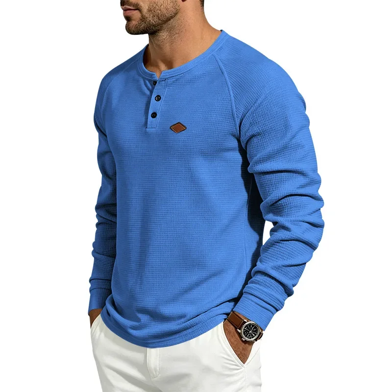 Men's Casual American Spring and Autumn Waffle Thin Quick-Drying Button Shoulder Henley Shirt Long Sleeve Spot