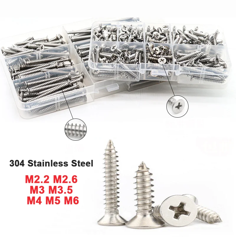 304 Stainless Steel Countersunk Screw M2.2 M2.6 M3 M3.5 M4 M5 M6 Cross Flat Head Sheet Metal Self Tapping Wood Screw 6-90mm Long