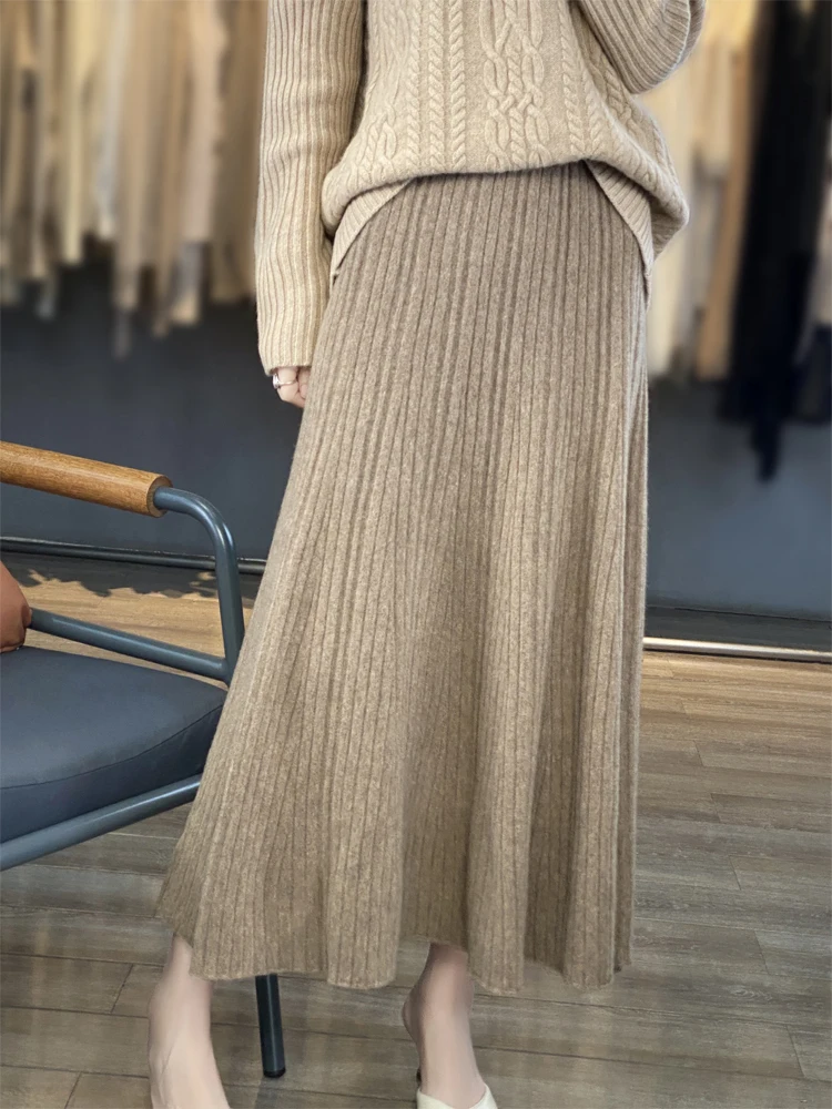 Devin High Quality Women Long Pleated Skirt Autumn Winter Cashmere Skirt 100% Merino Wool Knitwear Office Lady Grace Dress