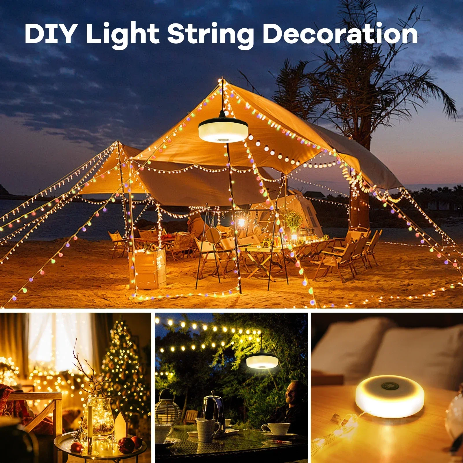 10M Camping String Light 4-in-1 Tent Light Rechargeable RGB&Warm Light 8 Mode Outdoor/Indoor Hanging LED Fairy Light for Camping