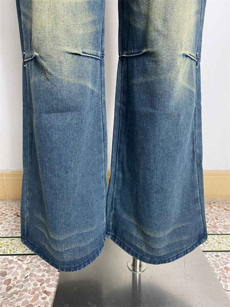 المرأة خمر الأزرق القديم عالية الخصر واسعة الساق للجنسين الجينز فتاة باردة الشارع الشهير سراويل أنيقة الإناث تصميم مستقيم بنطلون