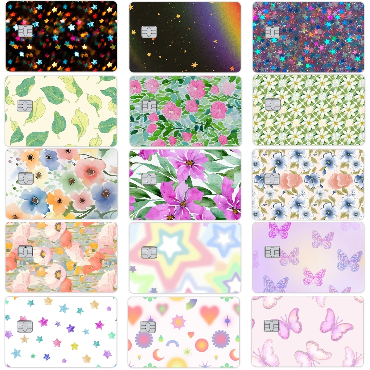 

Shiny Butterfly Flower Stars Printed Fashion Women Pvc Stickers Film Skin Cover Kawaii Credit Debt Bank Card Front Side Decor