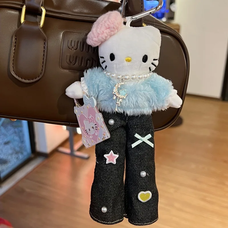 سانريو كارتون مرحبا كيتي سيقان طويلة كيتي حقيبة سحر لطيف الجينز معطف غامض سيدة نمط أفخم سلسلة مفاتيح من الكرتون هدية الكريسماس